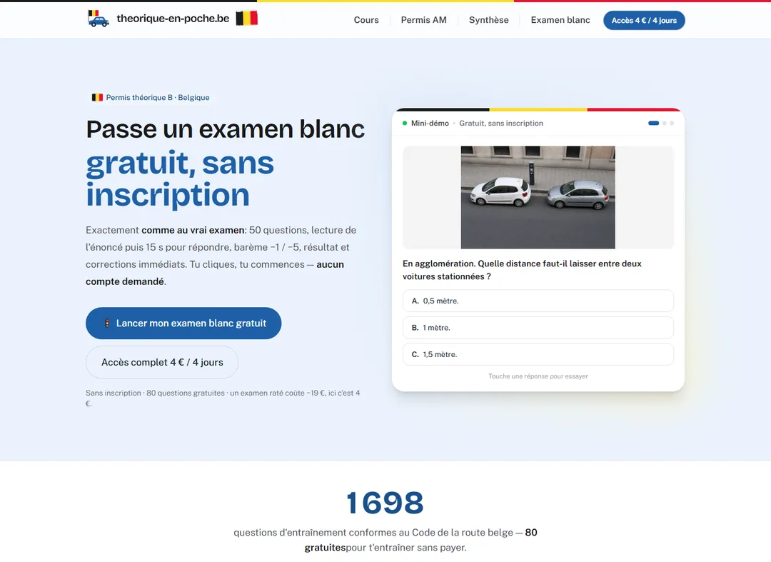 Page d'accueil de Théorique en Poche : examen blanc gratuit du permis théorique belge